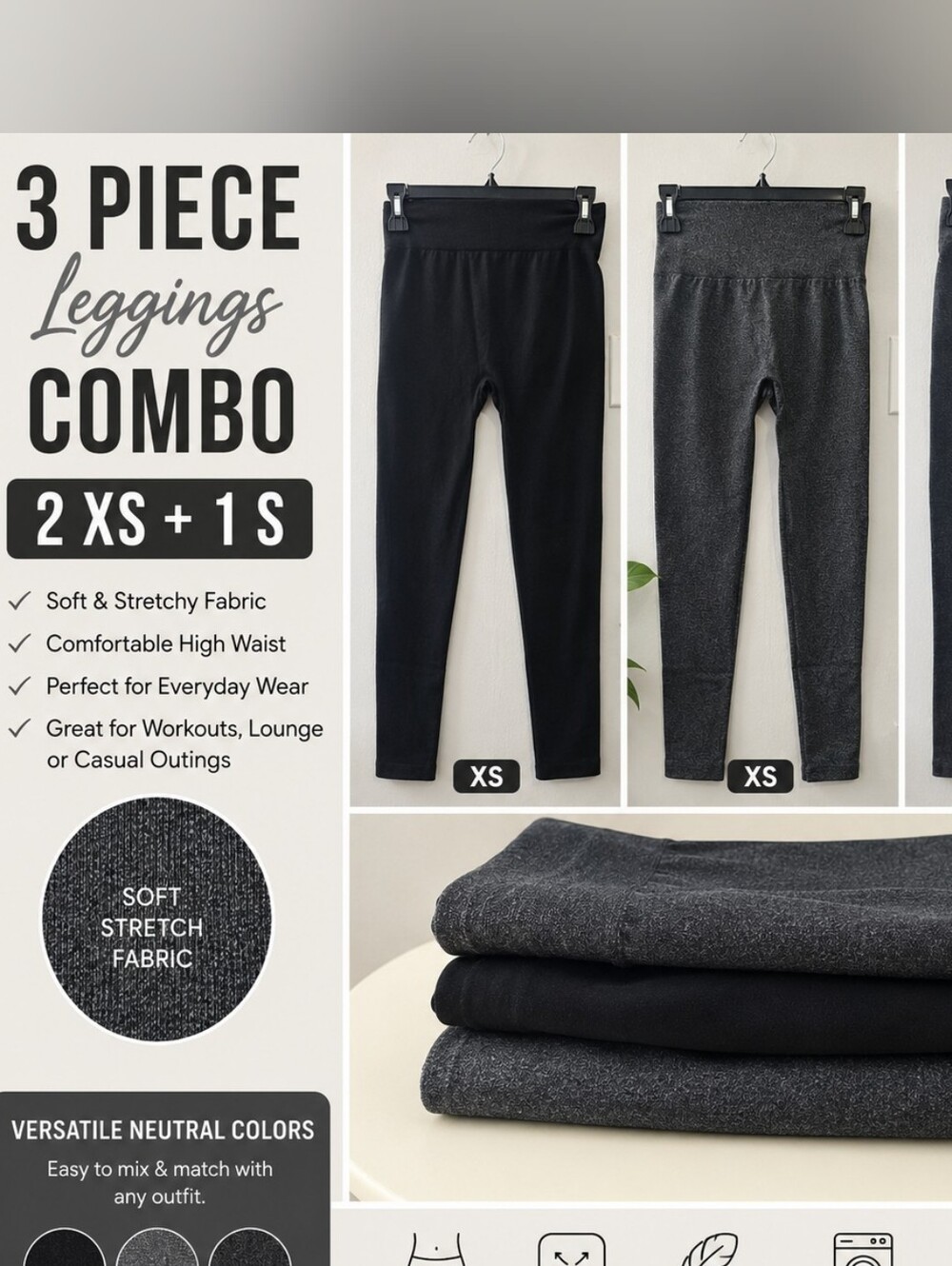 3-Pack High Waist Leggings Set - Black and Charcoal